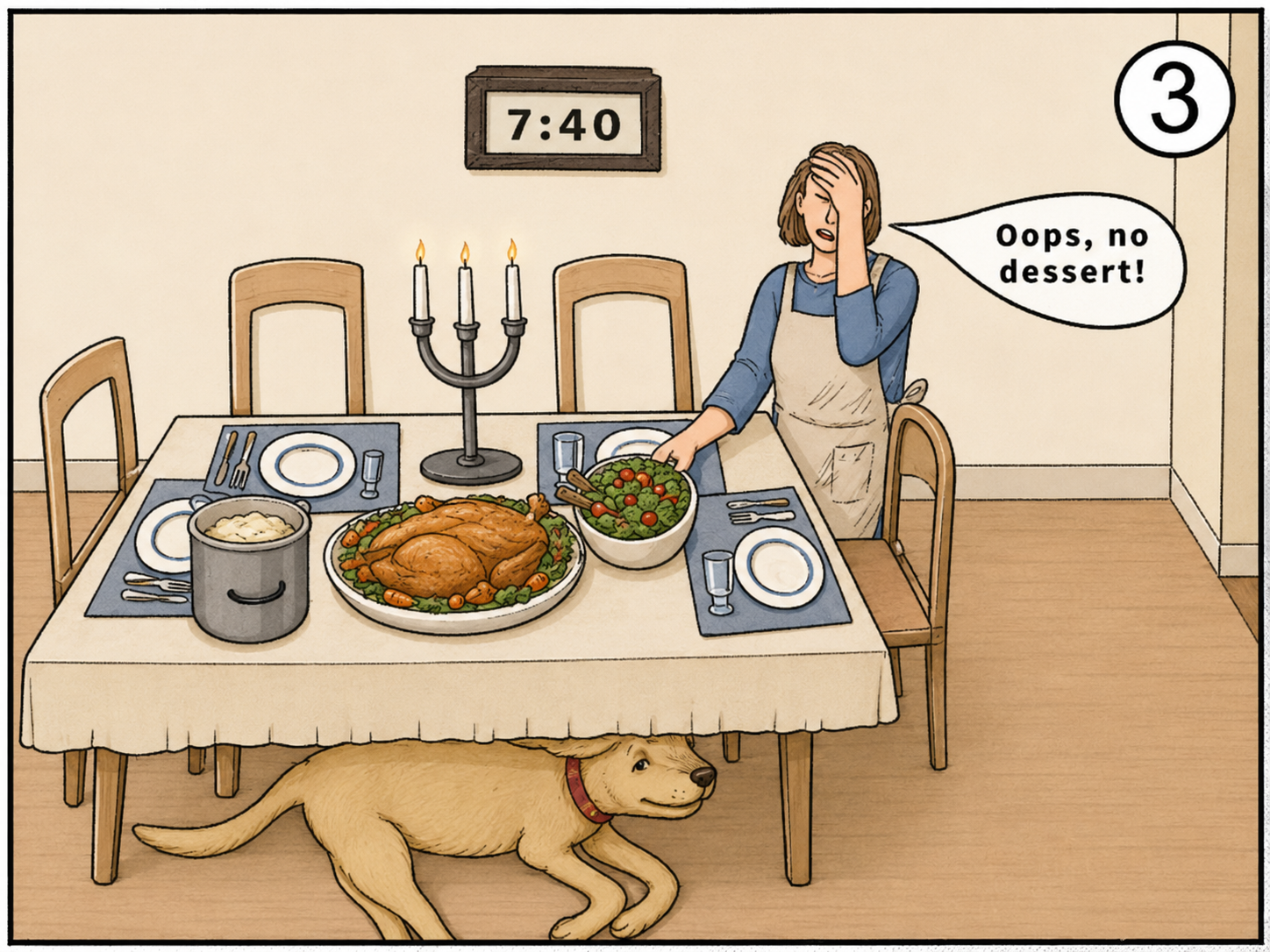 Frau am Esstisch mit Thanksgiving-Essen, darunter ein Hund; sie sagt: „Oops, no dessert!“